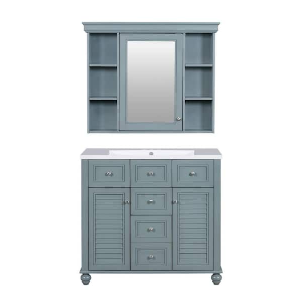 JimsMaison 36 in. W x 18 in. D x 33 in. H Freestanding Bath Vanity in Grey Blue with White Cultured Marble Top and Mirror Cabinet