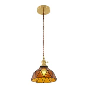 40-Watt 1-Light Gold Modern Shaded Pendant Light with Amber Glass Shade and Adjustable Height, No Bulbs Included