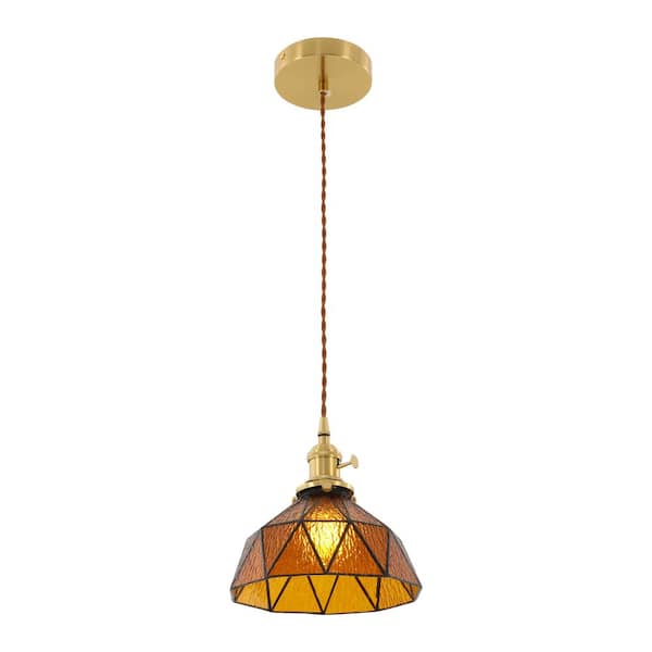 OUKANING 40-Watt 1-Light Gold Modern Shaded Pendant Light with Amber Glass Shade and Adjustable Height, No Bulbs Included