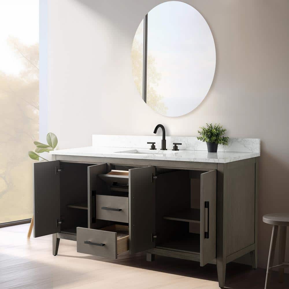 60'' Driftwood Gray MDF Single Sink Freestanding Bathroom Vanity with Engineered Marble Top
