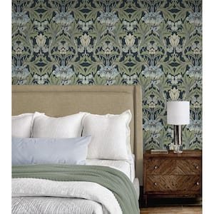 Midnight Blue and Sage Primrose Floral Vinyl Peel and Stick Wallpaper Roll (Covers 31.35 sq. ft.)