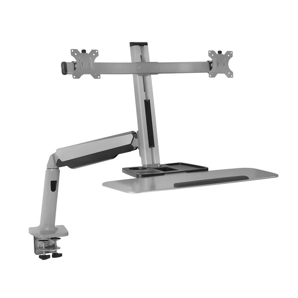 Adjustable Silver Standing Desk Converter with Dual Monitor Mount