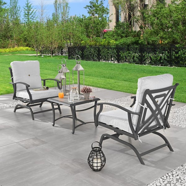 Patio Festival 3-Piece Metal Patio Conversation Rocking-Motion Seating Set with Off-white Cushions
