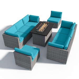 9-Piece Outdoor Wicker Patio Furniture Set with Fire Table, Light Blue