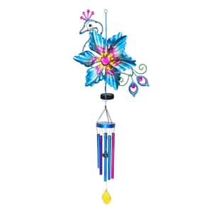 14 in. x 42 in. Solar Double Spinner Peacock, Metal Wind Chimes