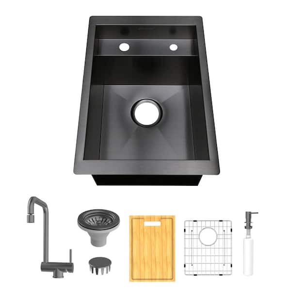 Zero Radius 15 in. Undermount Single Bowl 18G Gunmetal Black Stainless Steel Workstation Bar Sink with Folding Faucet