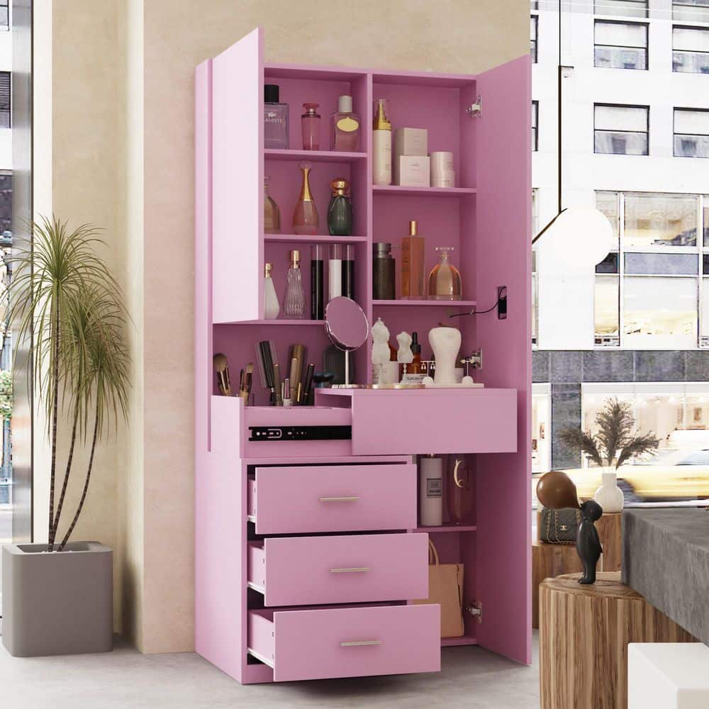 White Makeup Vanity Desk Wood Dressing Table With Sliding Top, Full-Length Mirror, Hidden Shelves, Drawers, LED Lights - thumbnail 4