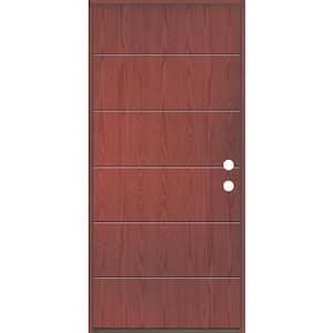TETON Modern 36 in. x 80 in. Left-Hand/Inswing 6-Grid Solid Panel Redwood Stain Fiberglass Prehung Front Door