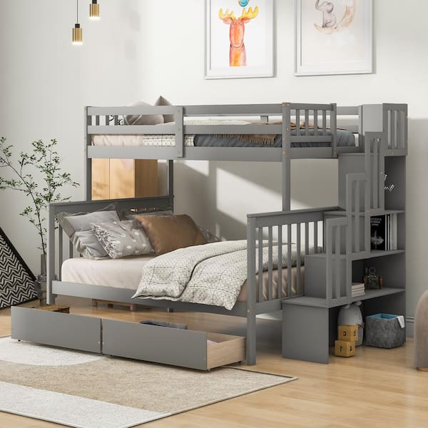 Polibi Grey Twin Over Full Bunk Bed with 2-Drawers and Staircases, Convertible into 2 Beds, Staircase and Safety Rails