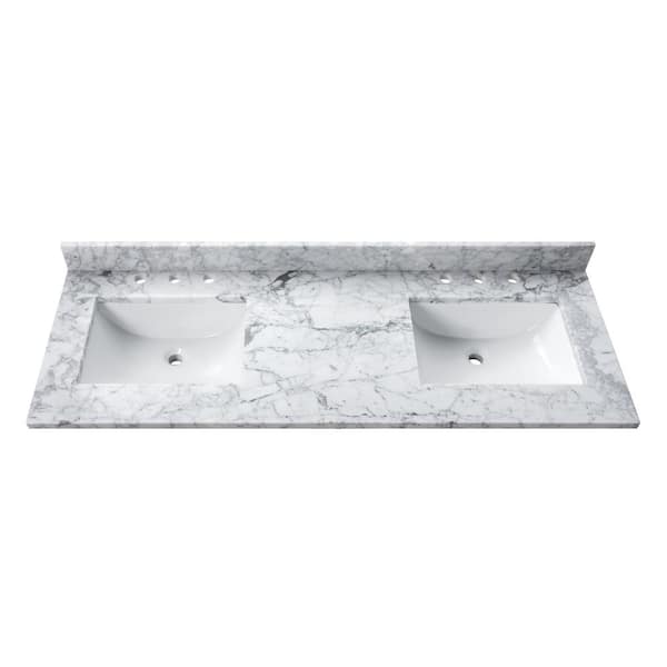 61 in. W x 22 in. D Marble White Rectangular Double Sink Bathroom Vanity Top in Carrara White