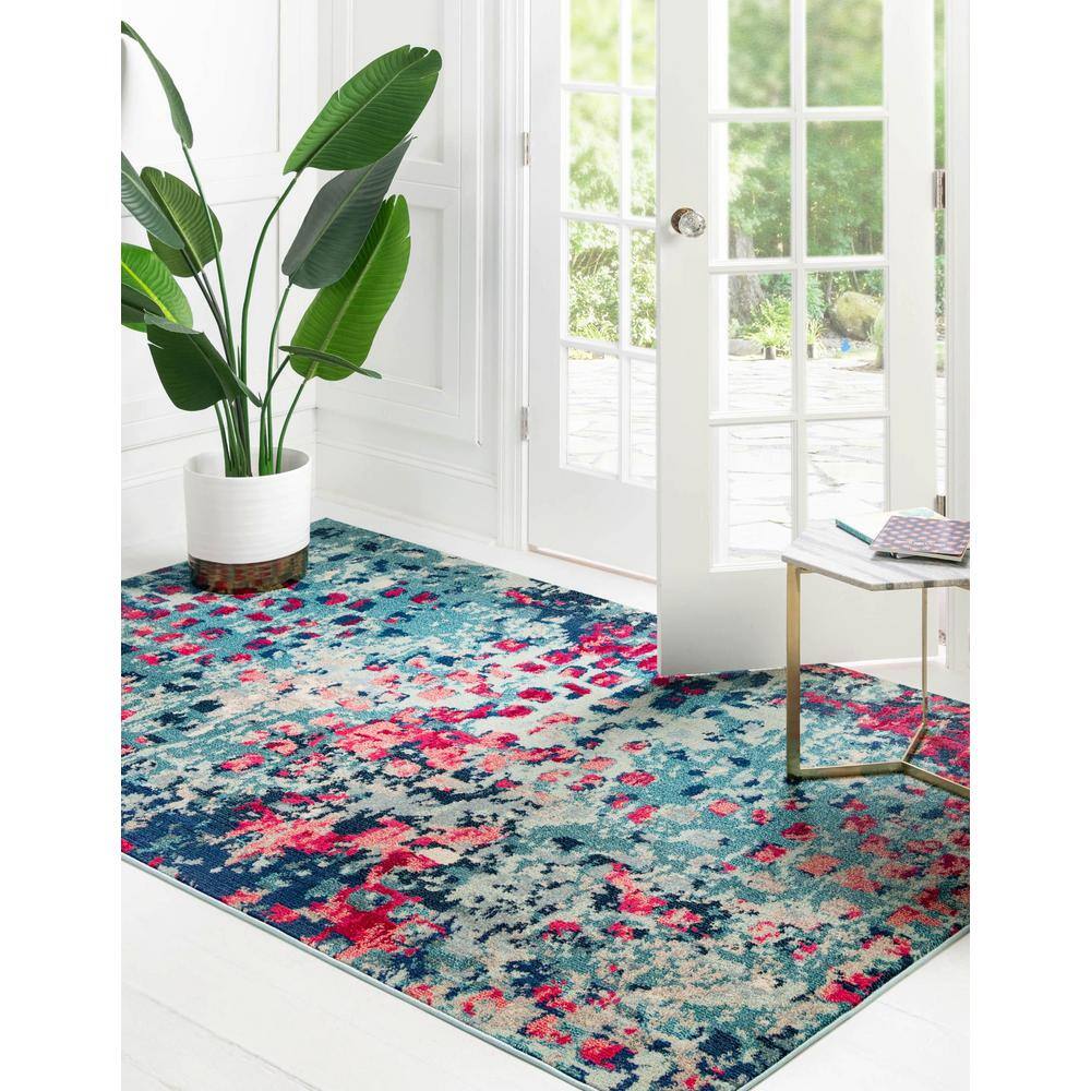 Jardin Collection Blue and Pink Abstract Modern Area Rug, 8 x 11 ft