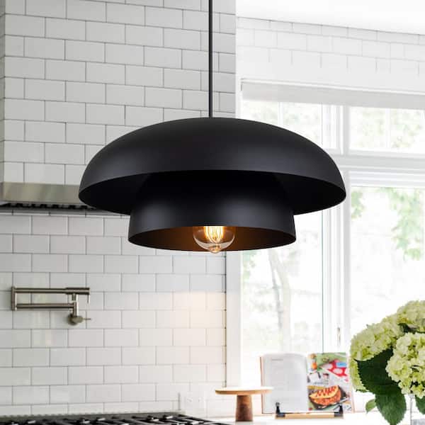 LLHZSY 15.7 in. 1-Light Modern Black Tiered Pendant Light Fixture with Dome Metal Shade