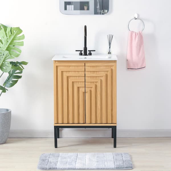 Rowan 24 in. W x 18 in. D x 33 in. H Geometric Modern Transitional 2-Shelf Bath Vanity Cabinet without Top in Oak