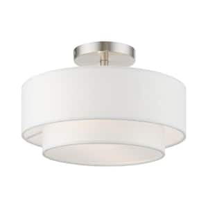 Meridian 12 in. 2-Light Brushed Nickel Semi-Flush Mount with Off-White Fabric Shade