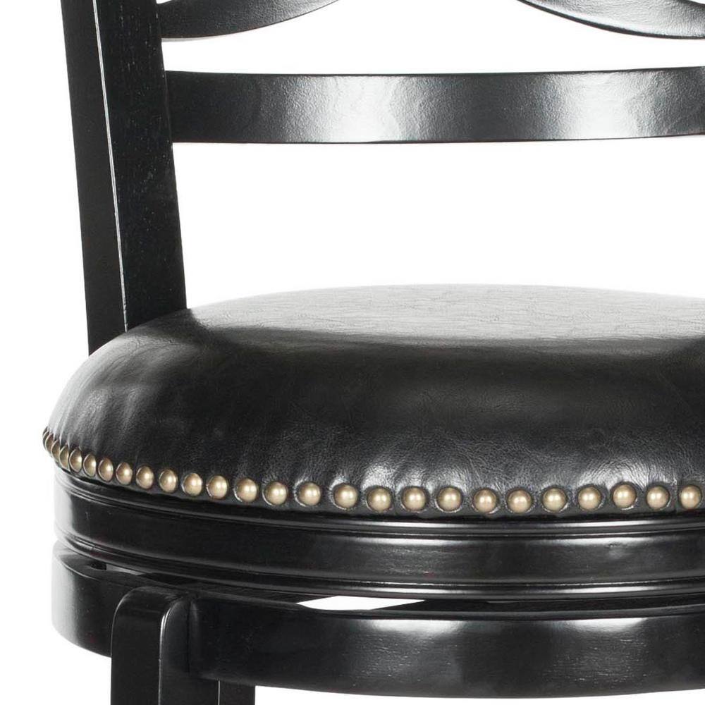 Black Leather and Wood Swivel Bar Stool with Nailhead Trim