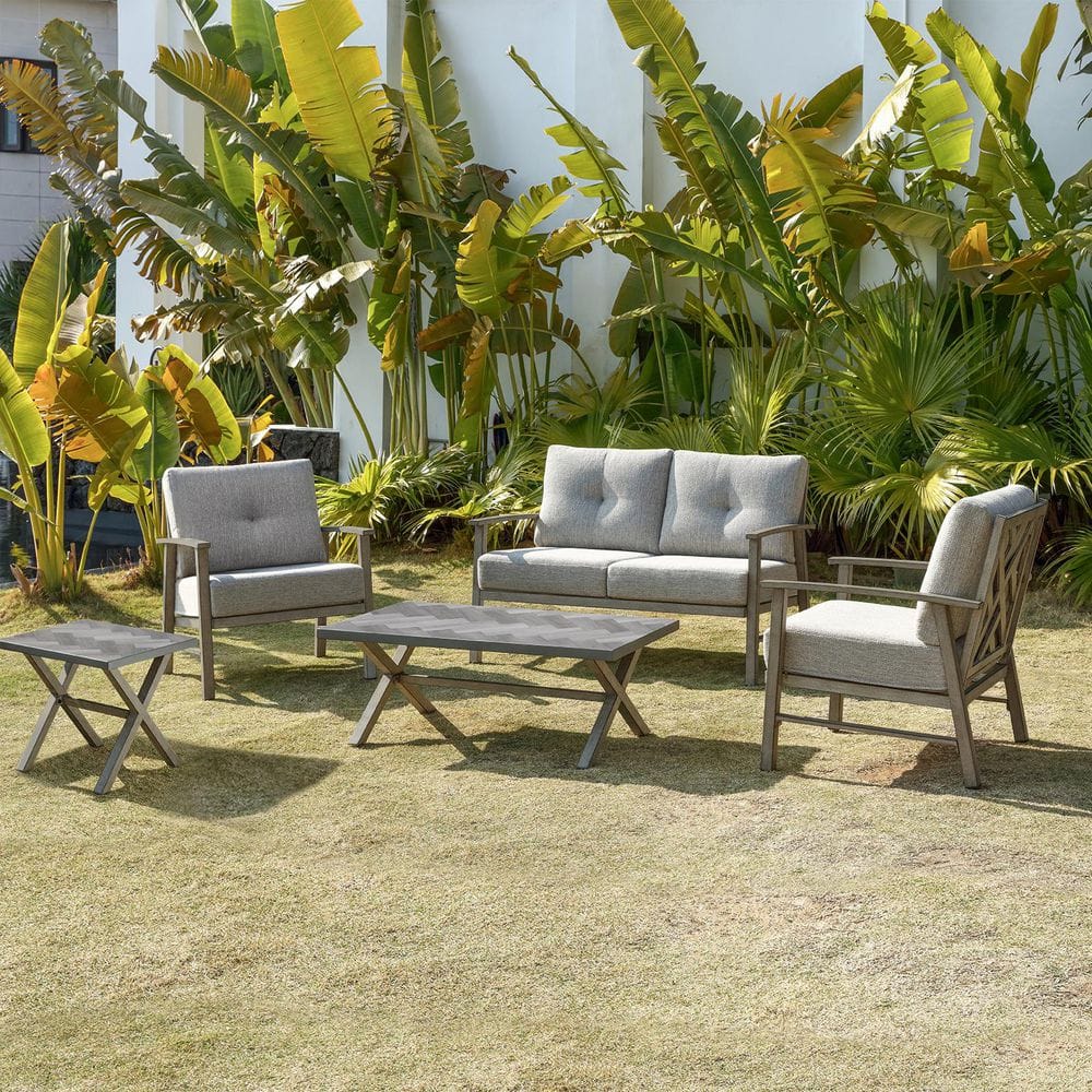 Gray Vintage 5-Piece Aluminum Outdoor Patio Conversation Sofa Set with Gray