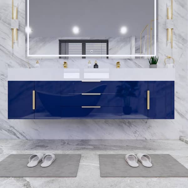 Bethany 71 in. W. x 20 in. D x 22 in. H Double Sink Floating Bath Vanity in Gloss Night Blue with White Acrylic Top