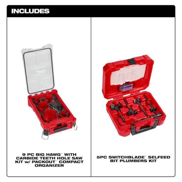 BIG HAWG Carbide Hole Saw Kit with PACKOUT Case & SWITCHBLADE Plumbers Selfeed Bits Set (14-Piece)
