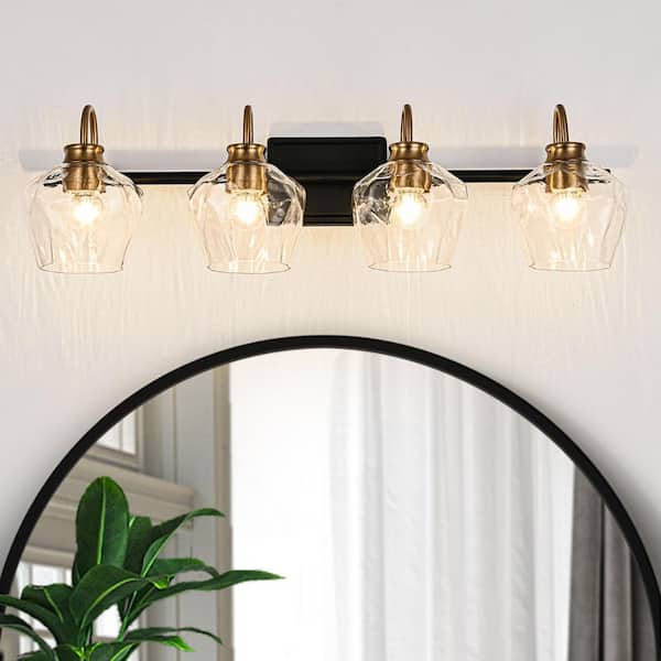 27.95 in. 4-Light Black and Gold Dimmable Bathroom Vanity Light Fixture with Textured Glass Shades