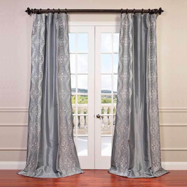 Exclusive Fabrics & Furnishings Chai Silver Room Darkening Embroidered Faux Silk Taffeta Curtain - 50 in. W x 108 in. L (1 Panel)