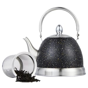 4-Cups Black with Speckle Stainless Steel Tea Kettle with Folding Handle, Removable Infuser Basket for Loose Tea Leaves