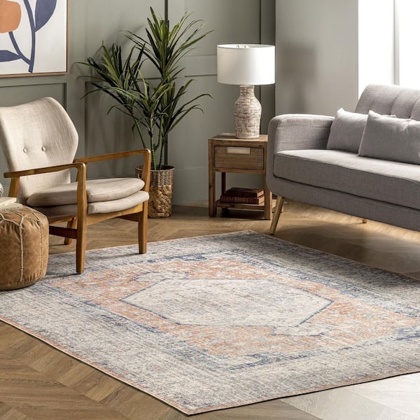 nuLOOM Jacquie Machine Washable Vintage Floral Peach 5 ft. x 8 ft. Indoor Area Rug