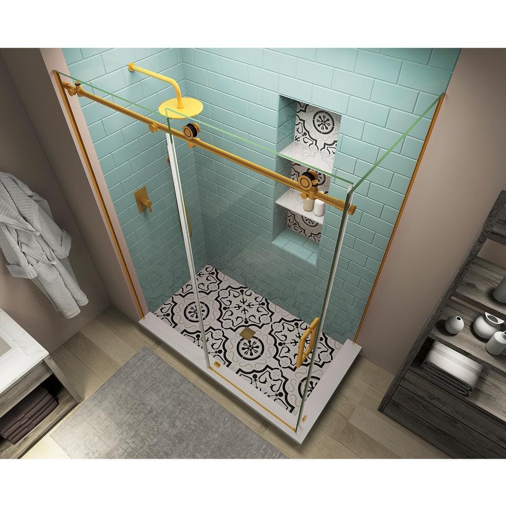 Coraline XL Frameless Clear Glass Sliding Shower Enclosure with Brushed Gold Finish