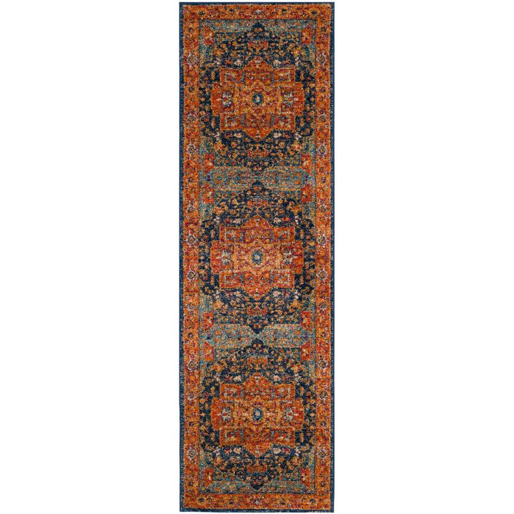 Evoke Blue and Orange Synthetic Stain-Resistant Runner Rug