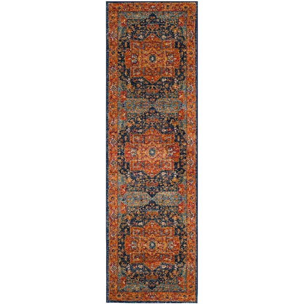 Evoke Blue/Orange 2 ft. x 5 ft. Border Runner Rug