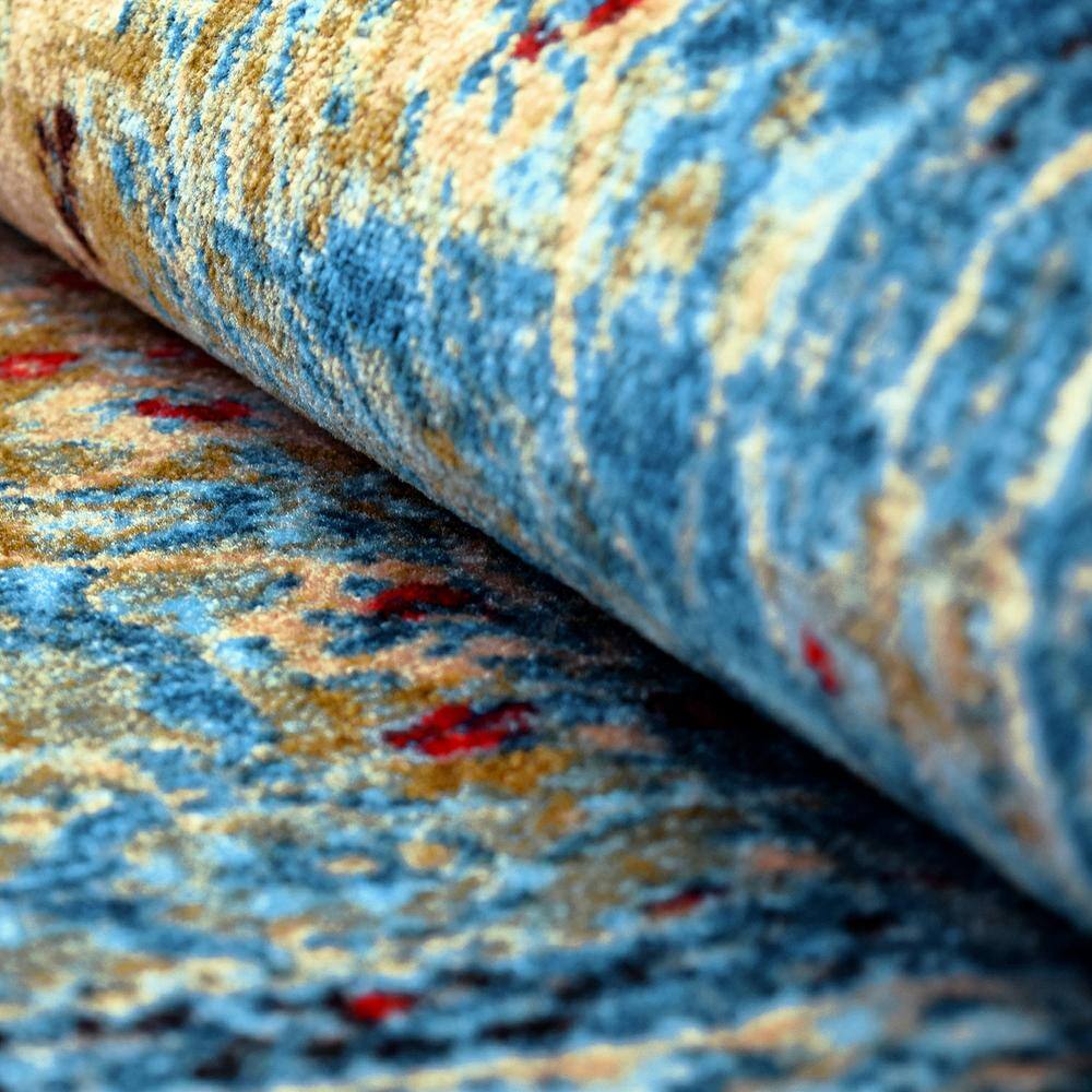 Blue and Beige Distressed Nylon Area Rug, 4' x 6'