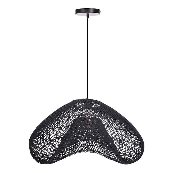 1-Light Black Hand-Woven Rattan Pendant Light with Dome Shape, No Bulbs Included 24 in.
