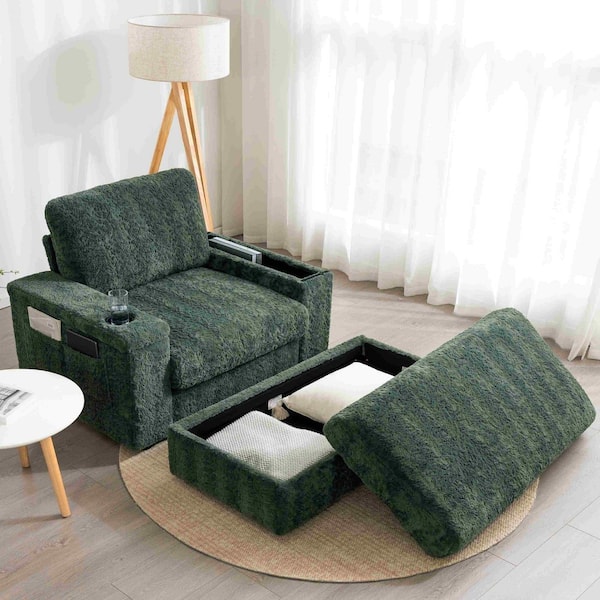 Green Faux Fur Arm Chair with Storage Ottoman, Armrests, Cup Holders and Upholstered Sleeper Chair