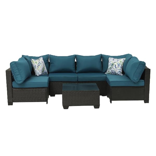 Sudzendf 7-Piece Dark Brown Wicker Patio Conversation Set, Sofa Set and Table with Peacock Blue Cushions