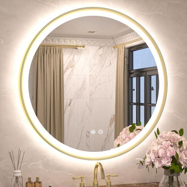 30 in. W x 30 in. H Round Aluminum Framed LED Light with 3-Color and Anti-Fog Wall Mount Bathroom Vanity Mirror in Gold