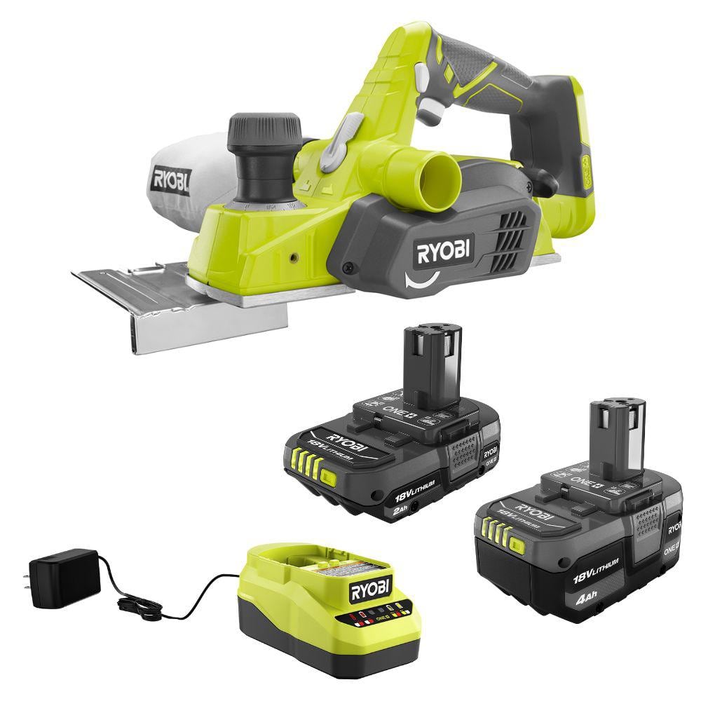 RYOBI ONE 18V Lithium Ion 4.0 Ah Battery 2.0 Ah Battery and Charger Kit with ONE Cordless 3 1 4 in. Planer P611 PSK106SB The Home Depot