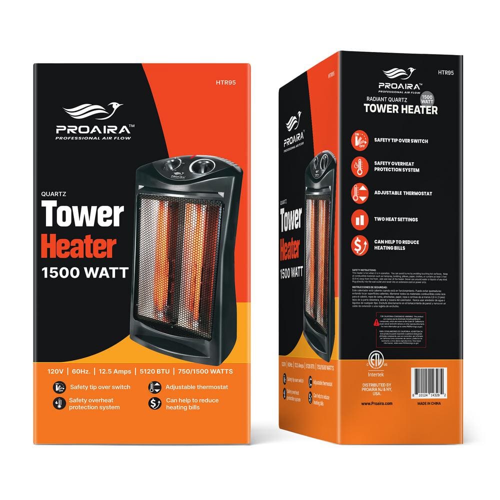 Black Electric Infrared Tower Heater with Thermostat and Automatic Shut-off