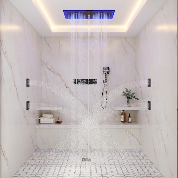 7-Spray Settings Ceiling Mount Rectangular LED Mood Lighting Dual Fixed and Handheld Shower Head 1. 8 GPM in Matte Black