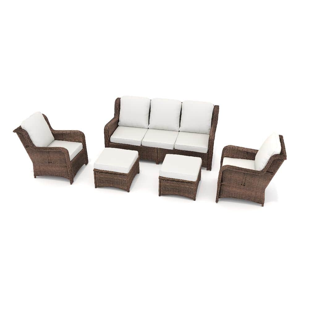 7-Piece Brown Wicker Outdoor Sectional Conversation Set with Off White Cush