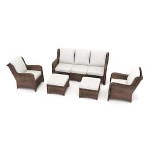 5 Piece Bown Wicker Outdoor Sectional Set with Off White Cushions