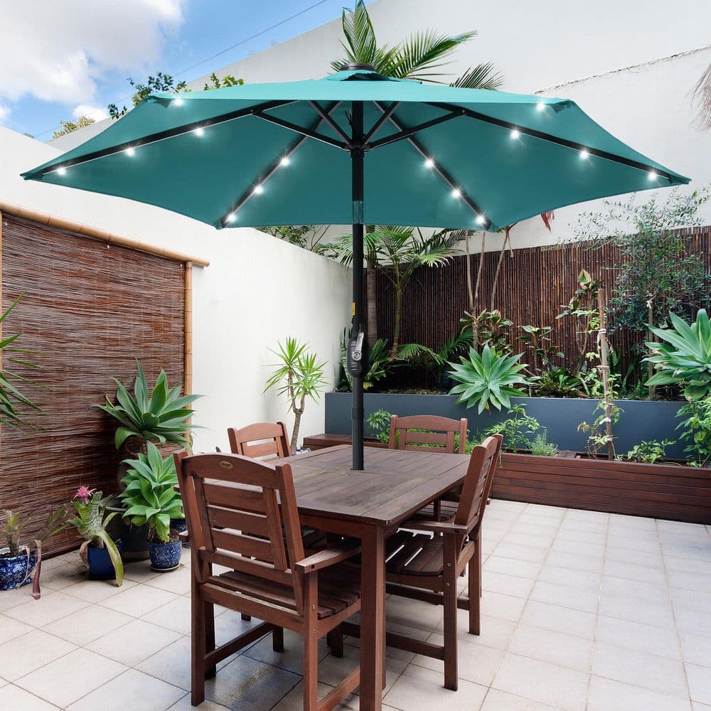 bright color patio umbrellas for sale JOYESERY 7.5 ft. Solar LED Patio Umbrellas With Solar Lights and Tilt Button Market Umbrellas, Turquoise