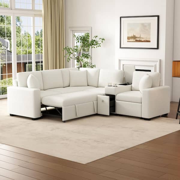 Harper & Bright Designs Convertible 120.5 in Chenille Sectional Sofa in White with Pull-Out Bed, Console with Cup Holders, Drawer, Flip-Top Box