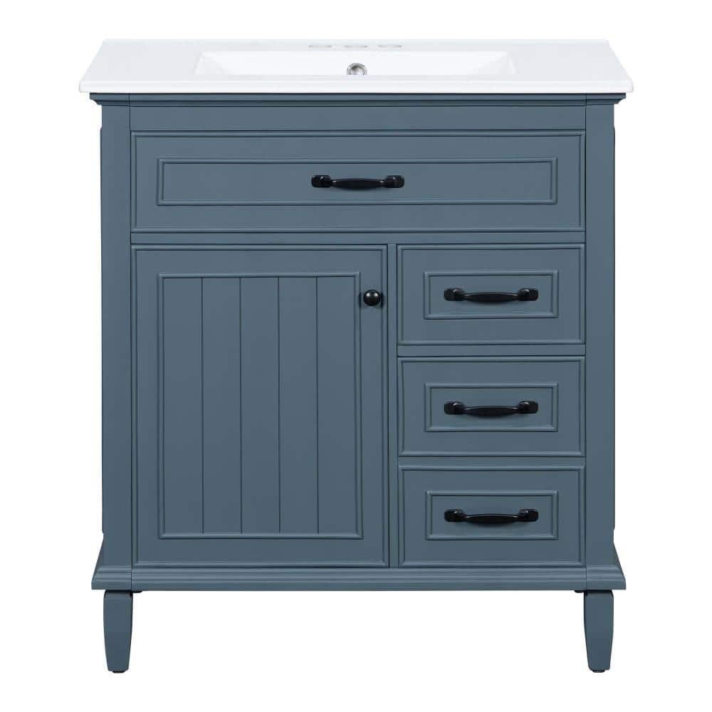 30 in. Freestanding Blue Gray Bath Vanity with White Ceramic Top, Sink, Flip Drawers, Adjustable Shelf, Solid Wood Frame price history on PriceWatchPro