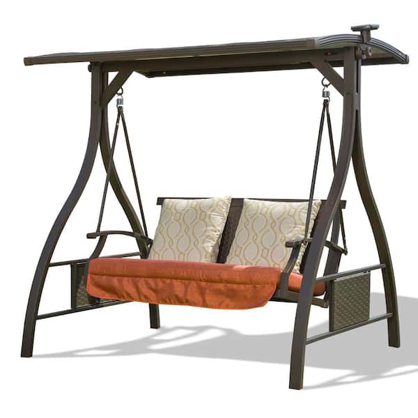 ITOPFOX 2-Person Metal Patio Porch Swing with Cushions Adjustable Canopy Deluxe Hammock with Solar LED Light for Outdoor Garden