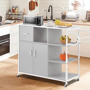 Gray Solid Wood Top 35.43 in. W Kitchen Island on 4-Wheels with Open Shelves
