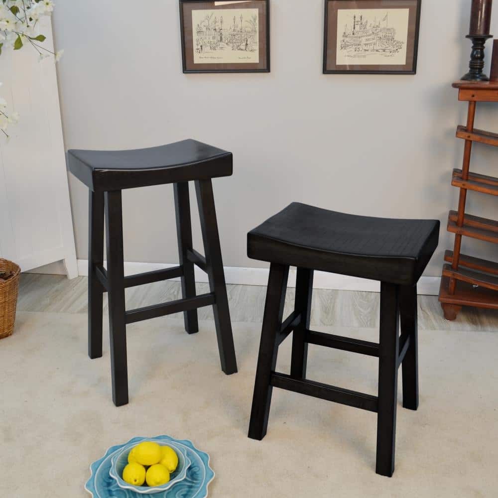 Antique Black Wood Saddle Style Backless Counter Stool 28"