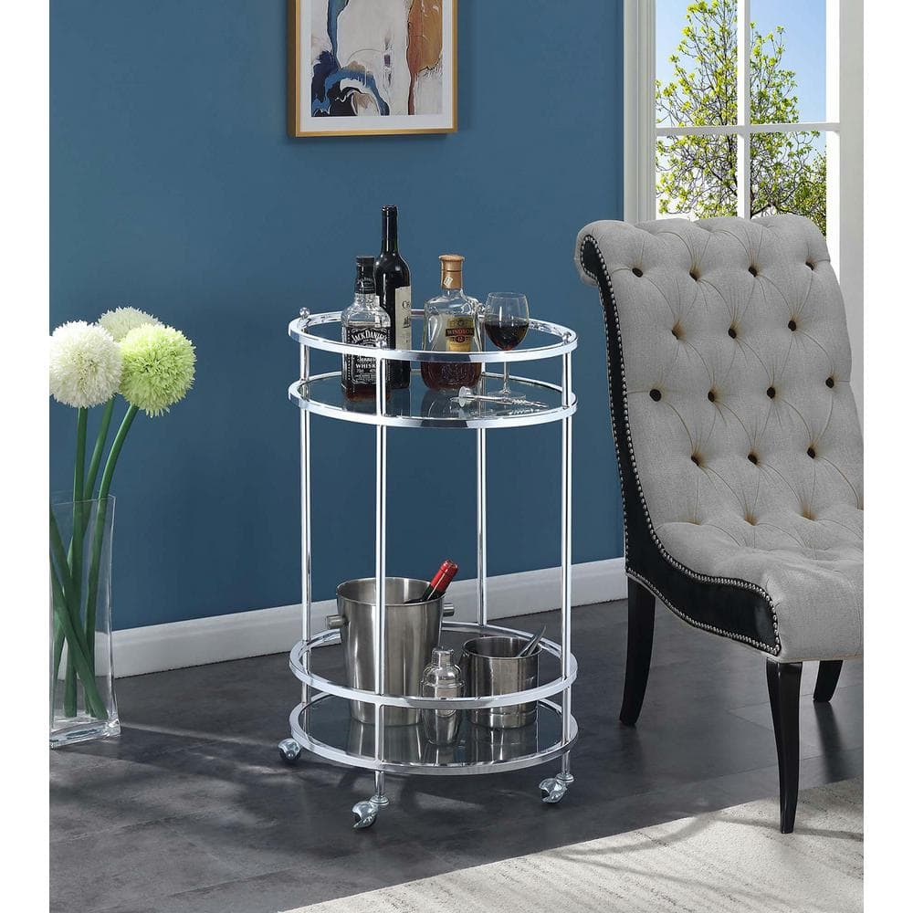 Royal Crest 20" Round Silver Chrome Bar Cart with Glass Shelves