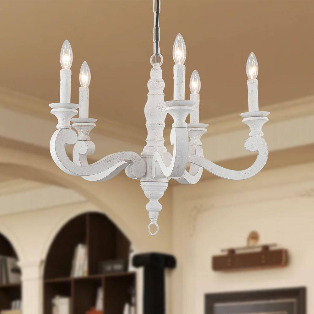 Modern Farmhouse 5 - light French Antique Distressed White Empire Candlestick Wood Chandelier price history on PriceWatchPro
