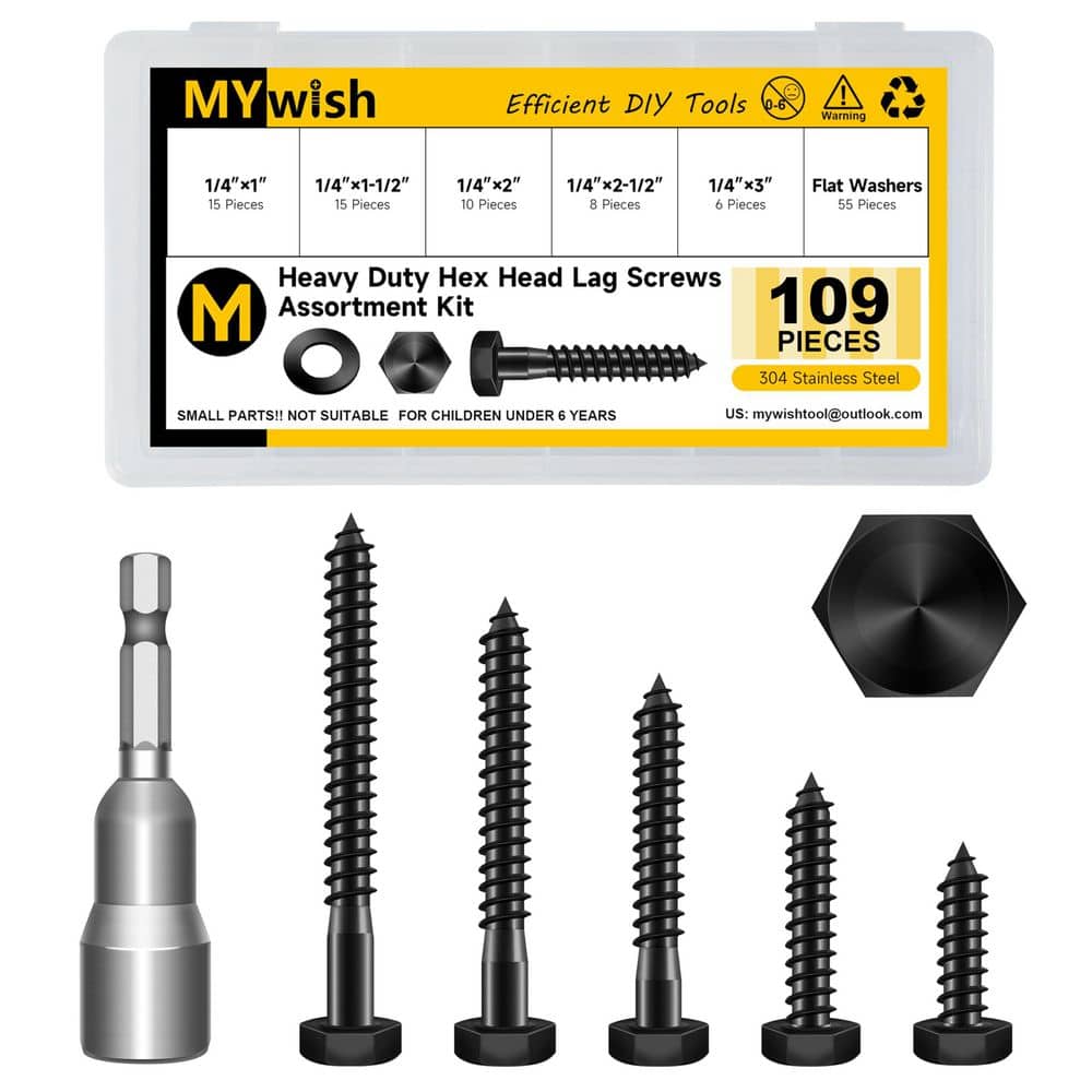 MYWISH 109-Piece 1/4 in. Lag Screws and Washers Kit, Black Oxide