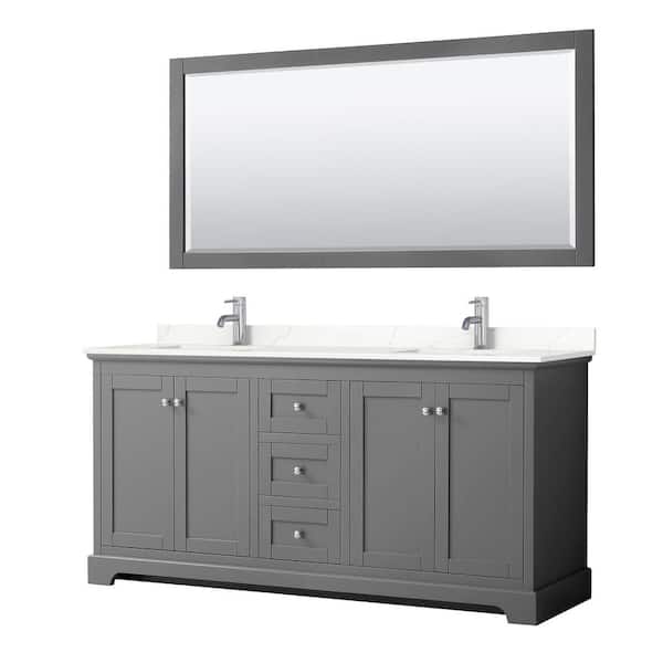 Wyndham Collection Avery 72 in. W x 22 in. D x 35 in. H Double Bath Vanity in Dark Gray with Giotto Quartz Top and 70 in. Mirror