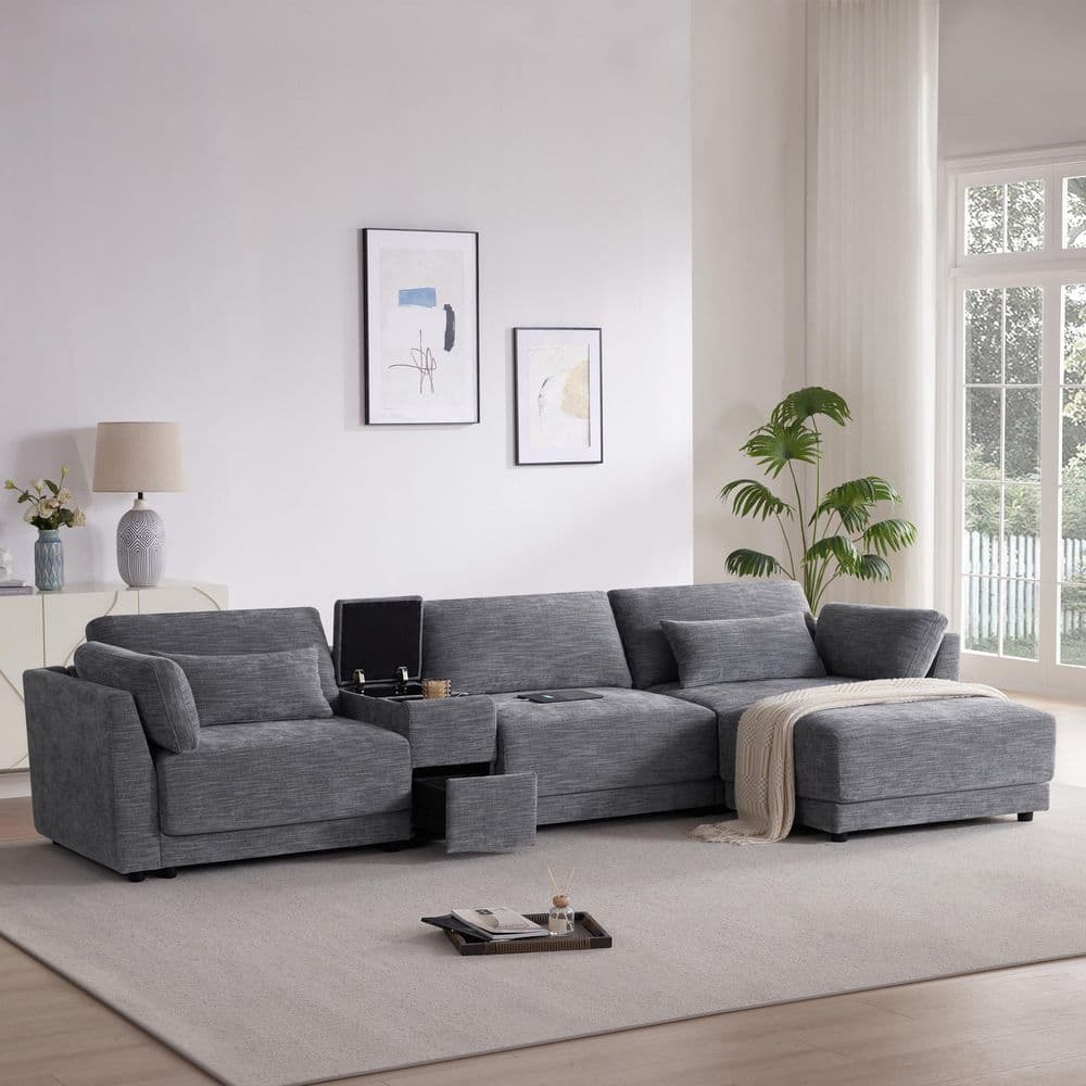 124 in. Chenille L-Shaped with Movable Ottoman, Storage Console, Wired&Wireless Charger Sectional Sofa in Gray price history on PriceWatchPro